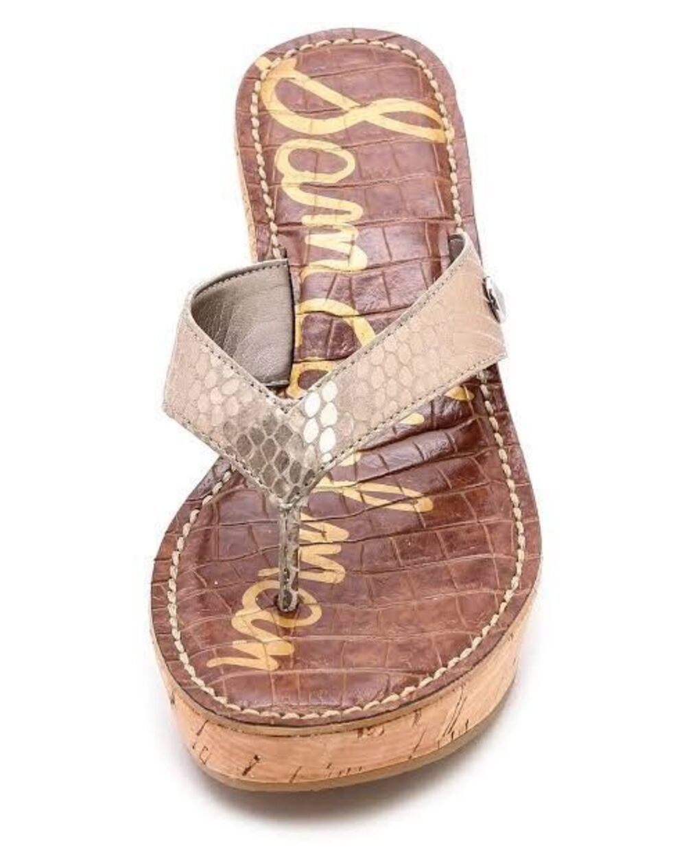 Sam Edelman Romy Cork Wedge Thong Sandals Gold Snakeskin Leather Size 6.5